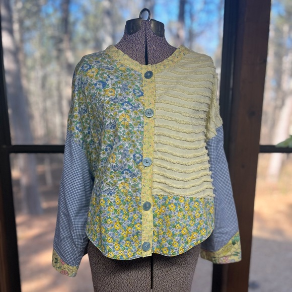 Very unique, handmade, floral, checkered quilted textured button up. - Picture 1 of 12